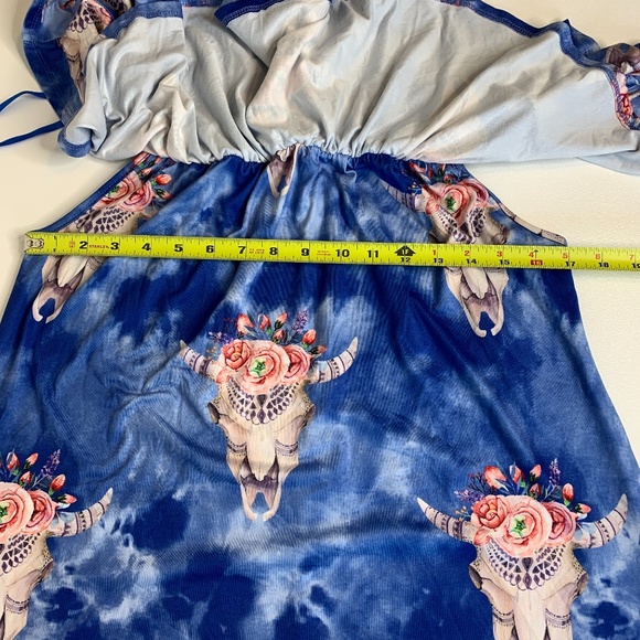 WONDERLAND by ORANGE Off the Shoulder‎ Flounce Cow Skulls Blue  Dress S - Picture 8 of 9
